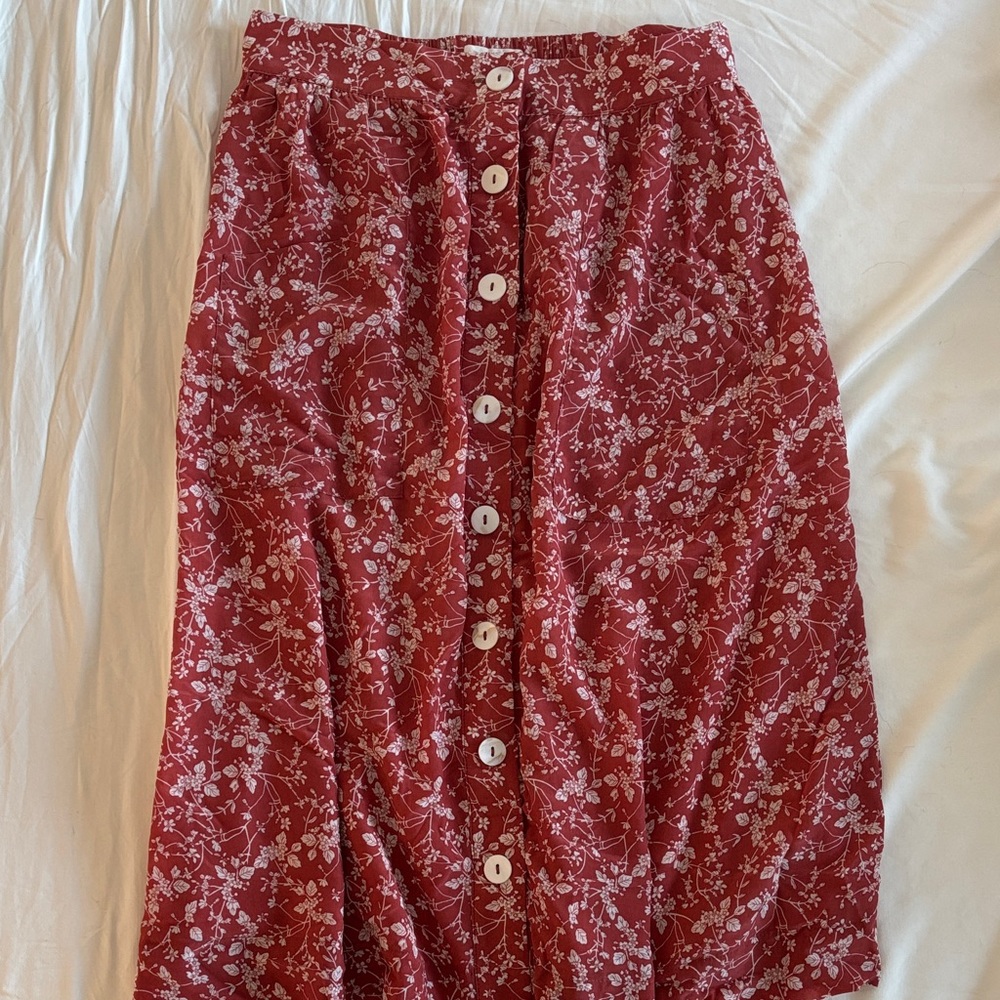 Roolee Floral Button-Down Red Midi Skirt